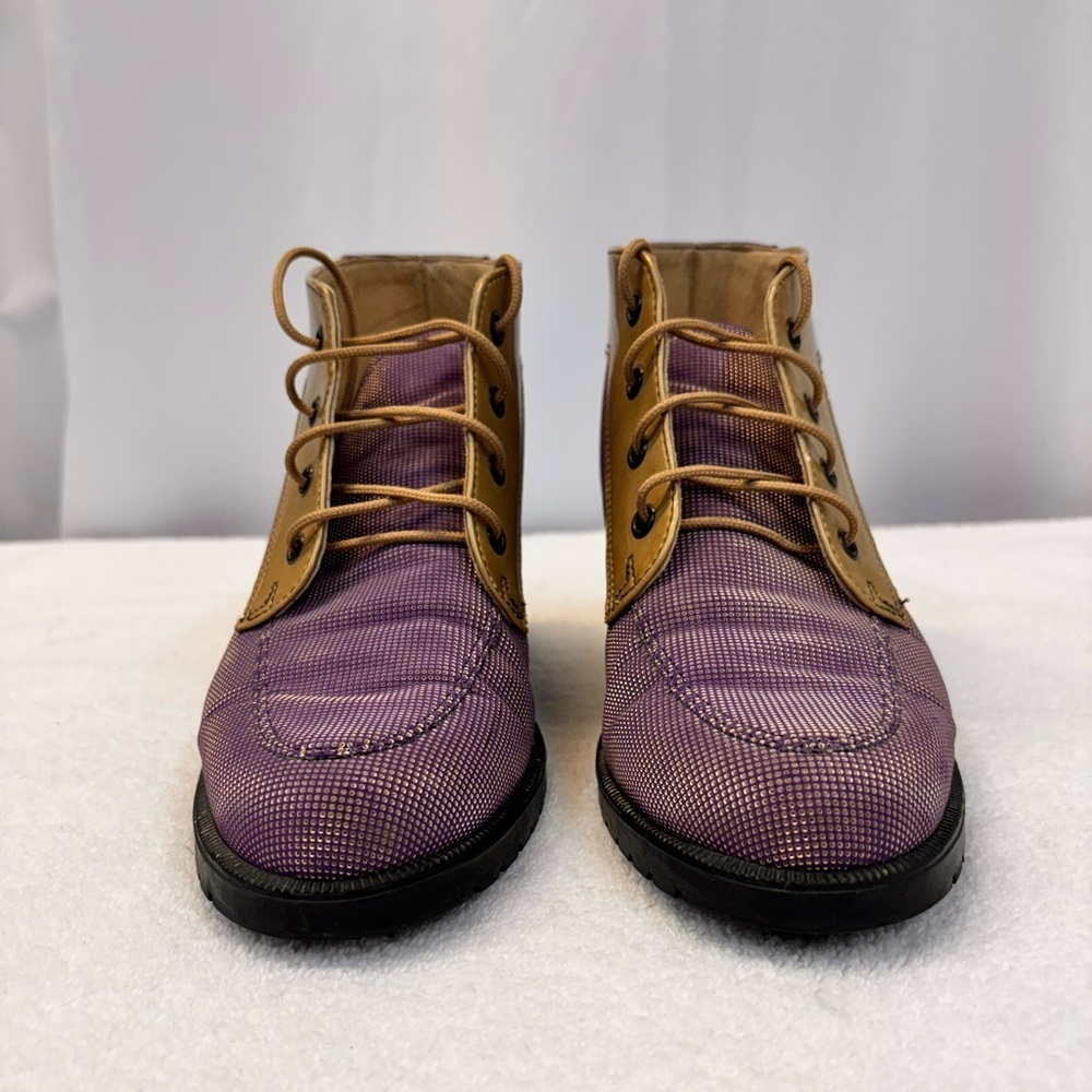 Nicole St. Louis Handcrafted Purple & Tan Two-Tone Lace-Up Booties - Picture 4 of 15